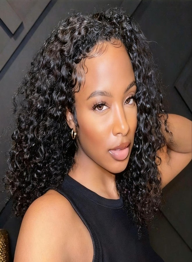 Lauberita Curly Half Wig Human Hair 180% Density Deep Wave Glueless Wigs Upgrade 3 In 1 Wigs Beginner Friendly Seamless Flip Over Drawstring Curly Wig Ready to Go Headband Wig Natural Black Color 14 Inch - Image 1